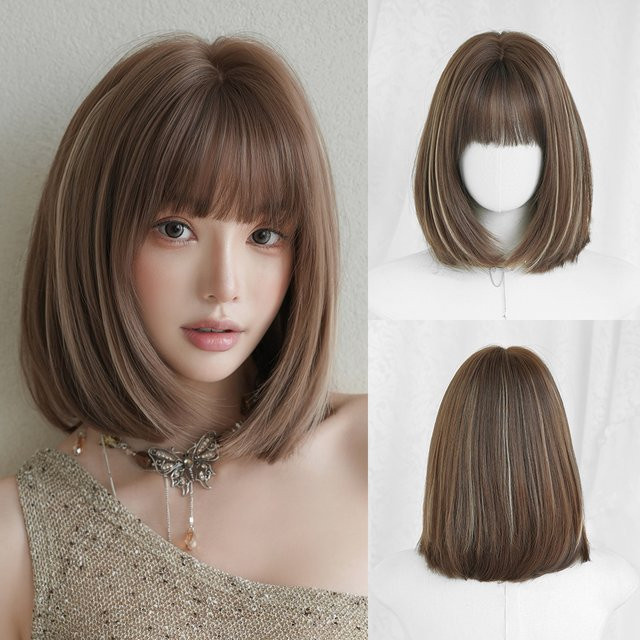 7JHH WIGS Perücke, kurz, glatt, braun mit beige Highlights, Damen - Bild 1