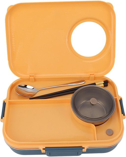 CosyHome Bento Box mit 4 Fächern aus 304 Edelstahl, isoliert und auslaufsicher, inklusive Suppenschüssel, Löffel und Essstäbchen, Gelb, 1200 ml - Bild 1