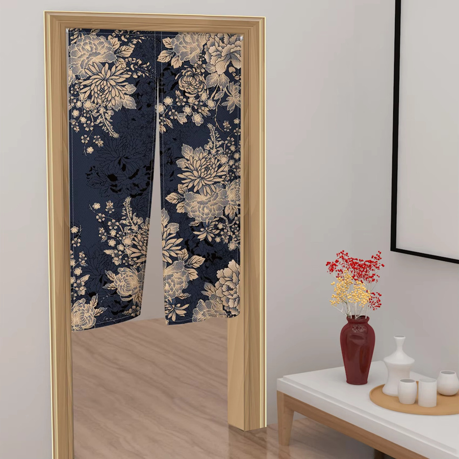 VIKAMA Retro-Jacquard-Türvorhang mit Pfingstrosen-Motiv in Marineblau und Gold, blickdichter Raumteiler mit Blumenmuster - Bild 3