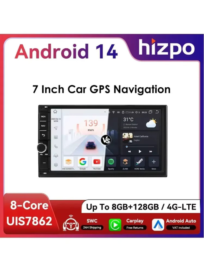 Hizpo 2Din Universal Android Autoradio mit 7 Zoll Display, CarPlay, GPS, WiFi, Bluetooth und 4G Navigation in Schwarz - Bild 5