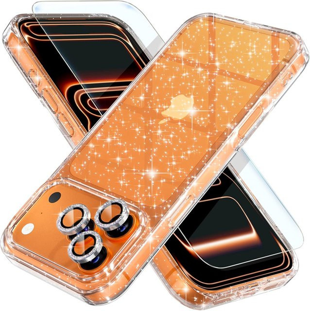 NMEGOU 3-in-1 Schutzhülle für iPhone mit Kameraobjektivschutz, Displayschutz und Glitzer-Softcase in Orange - Bild 1
