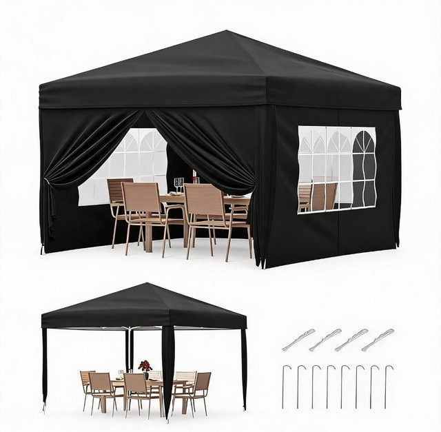 Garvee Faltbarer Pavillon für Garten und Markt in Blau oder Schwarz, B/B/H: 300 x 300 x 260 cm, mit 4 wasserdichten Seitenwänden und UPF 50+ Schutz - Bild 1