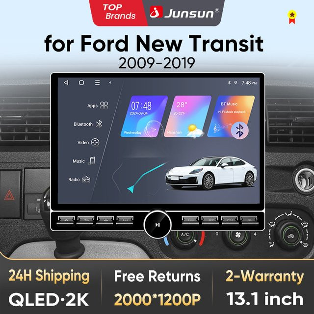 Junsun QLED Wireless CarPlay Android Auto Autoradio für Ford Transit 2009-2019 mit 13,1 Zoll Display, GPS, Bluetooth und DSP in Schwarz - Bild 1