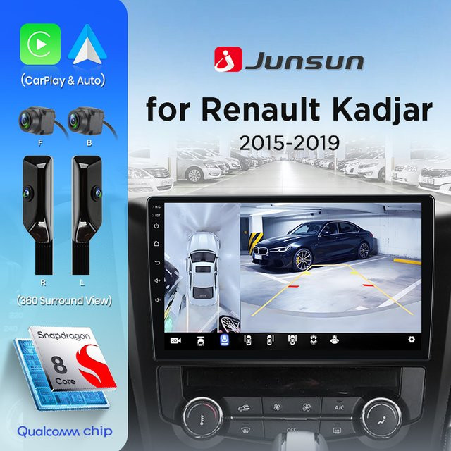Junsun V9 2DIN Autoradio mit 360 Grad Kamera, Wireless CarPlay und Android Auto, GPS und 4G für Renault Kadjar 2015-2019, Schwarz - Bild 1