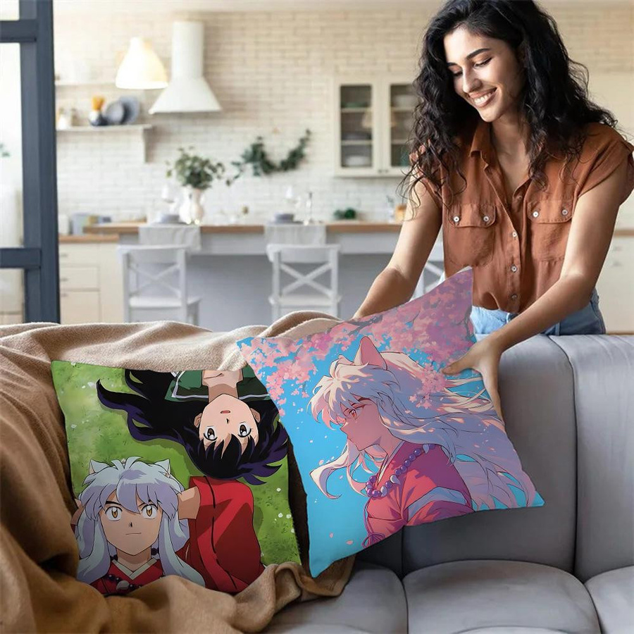 Dekorativer Inuyasha Kissenbezug aus kurzem Plüsch mit doppelseitigem Cartoon-Druck, Multicolor, B/H: 18 x 18 cm - Bild 2