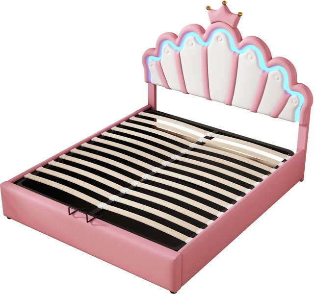 okwish Polsterbett Prinzessinnenbett mit LED Kronenleuchte und Lift-up-Funktion, Farbe: Rosa, B/T/H: 140 x 200 x 131 cm - Bild 1