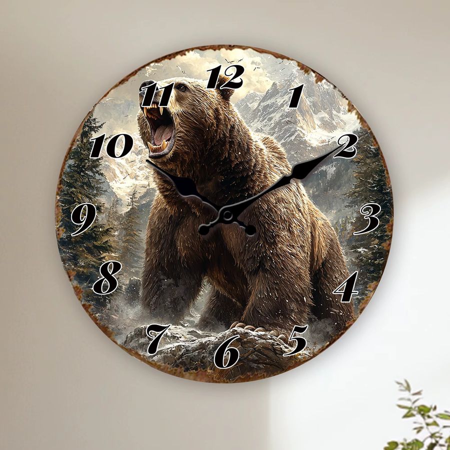 Wild Bear Wanduhr Snow Mountain Naturkunstdekor als stille runde Quarzuhr - Bild 5