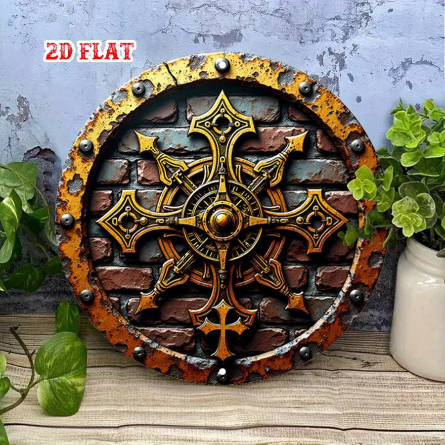 HELLOYOUNG Mittelalterliches Ritterschild aus Metall mit goldenem Kreuz, runde Wanddekoration im Vintage-Stil, Durchmesser: 20 cm - Bild 3