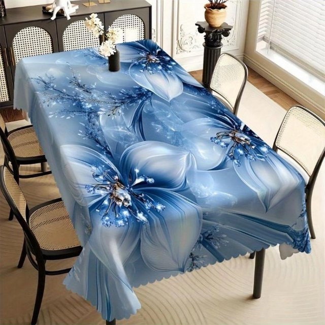 Blaue quadratische Tischdecke von JMG Household Supplies mit floralem Lilien-Design, fleckenabweisend und waschbar, B/B: 140 x 140 cm - Bild 1