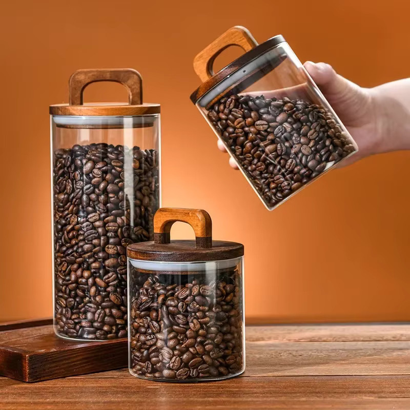 Luftdichter Glasbehälter mit Holzdeckel für Lebensmittel und Kaffeebohnen, transparent, 800 ml bis 2100 ml - Bild 2
