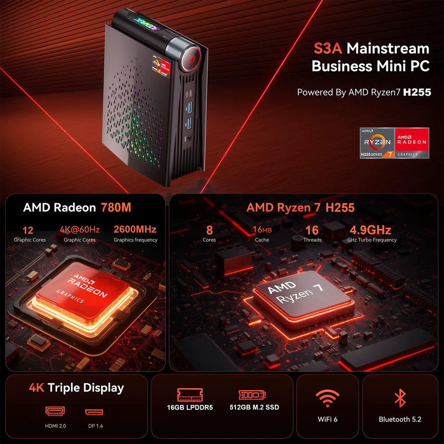 KAMRUI Mini-PC AMD Ryzen 7 H255 mit 16GB LPDDR5 und 512GB SSD, 8-Kern Desktop-Computer in Schwarz mit WiFi6E, BT5.2 und 2.5G LAN - Bild 2