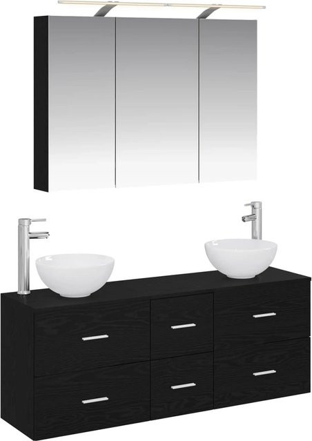 vidaXL Badezimmermöbel-Set 4-teilig in Schwarz Eiche mit Glas und LED-Beleuchtung, bestehend aus Waschtischunterschrank, Spiegelschrank und Wandschrank, B/T/H: 100 x 53,27 x 70 cm und 70 x 35 x 34 cm - Bild 1