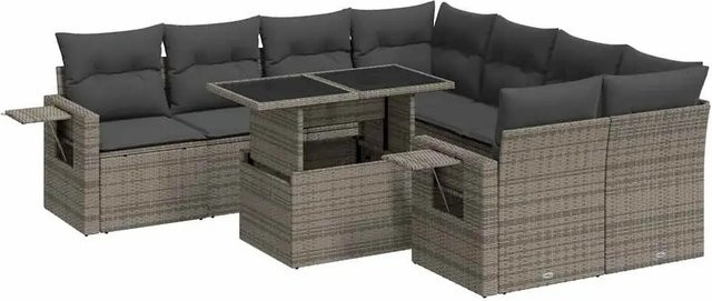 vidaXL 9-tlg Garten-Sofagarnitur in U-Form aus grauem Poly-Rattan mit Kissen und pulverbeschichtetem Stahlgestell - Bild 1