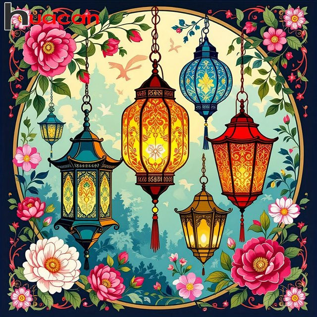 Huacan Diamantmalerei Blumen 5D DIY Stickerei Set mit runden Strass Steinen in Multicolour, Durchmesser: 20 cm - Bild 1
