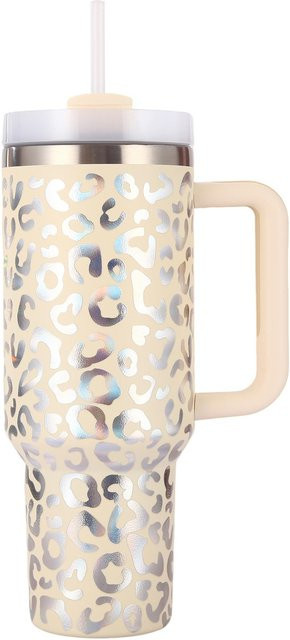 Yiran Furniture Thermosbecher mit Leopardenmuster und Griff aus Edelstahl in Weiß, 40oz - Bild 1