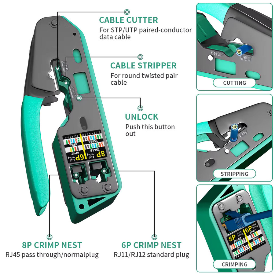 SHOYEE RJ45 Crimp Tool Kit All-in-One Ethernet Crimper für Cat5 Cat5e Cat6 8P8C Stecker in Blau - Bild 2