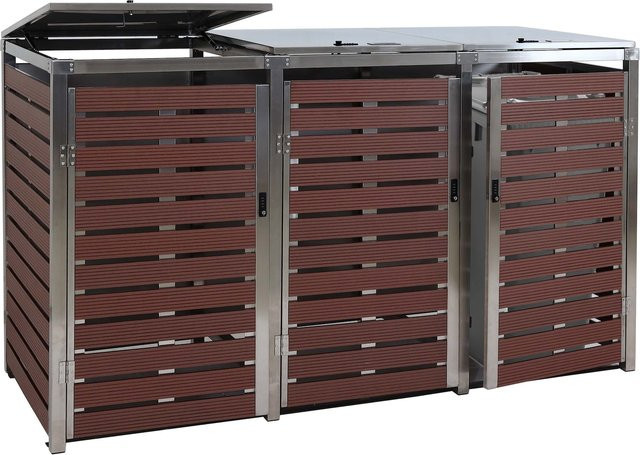 Mülltonnenverkleidung MCW-K14 3er Mülltonnenbox aus WPC und Edelstahl in Walnuss-Holzoptik, B/T/H: 200 x 120 x 85 cm - Bild 1