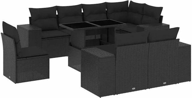 vidaXL 9-tlg. Garten-Sofagarnitur in L-Form aus Poly-Rattan mit Kissen in Schwarz - Bild 1
