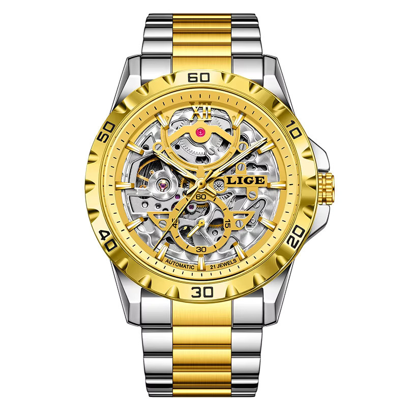LIGE Armbanduhr Automatik, Edelstahl, Gold, Silber, Herren - Bild 7