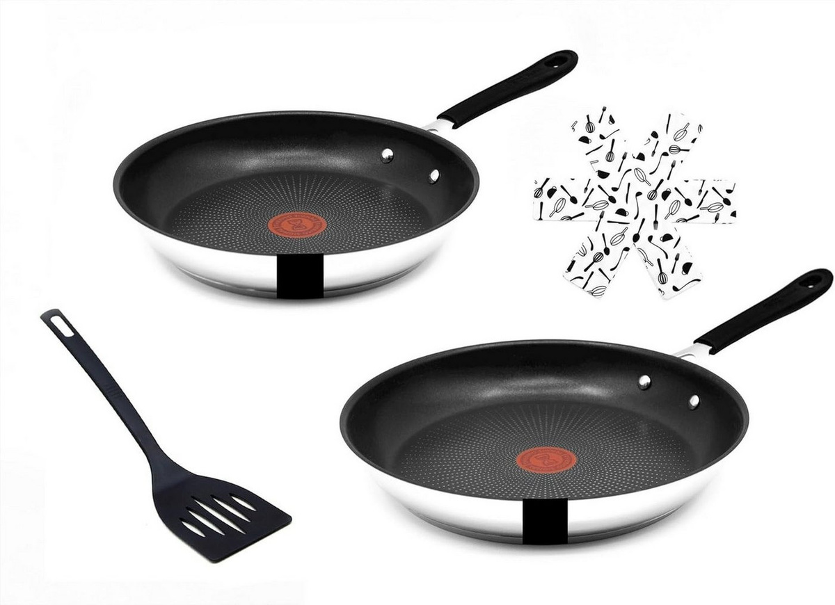 Tefal Jamie Oliver E76 Pfannen-Set aus Edelstahl 18/10 mit Antihaftbeschichtung für alle Herdarten und Induktion, inklusive Wender und Filzschoner, Durchmesser: 24 cm und 28 cm - Bild 1