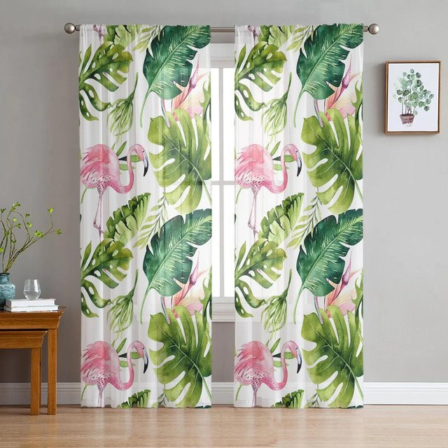 Yiran Furniture Transparente Tüllvorhänge mit Flamingo-Motiv in Rosa im Nordic Stil, 2er-Set, Breite: 135 cm, Höhe: 115 cm - Bild 1