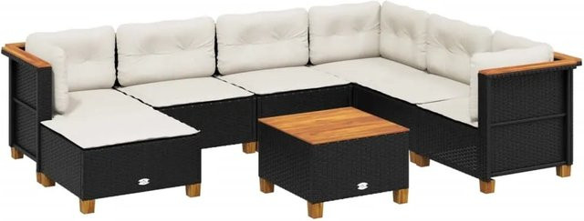 vidaXL 8-tlg Garten-Sofagarnitur in L-Form aus Polyrattan und Akazienholz mit Kissen, Schwarz - Bild 1