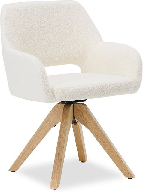 Homestyle4u Esszimmerstuhl 3146 Polsterstuhl mit Armlehnen aus weißem Bouclé und Gummibaumholz, drehbar 360 Grad - Bild 1