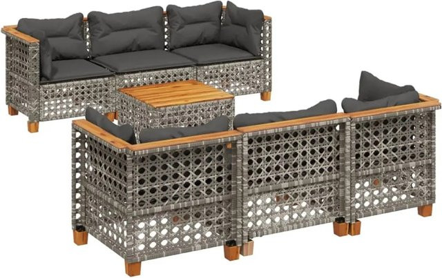 vidaXL 8-tlg Garten-Sofagarnitur in L-Form aus Poly Rattan und Akazienholz mit Kissen, Grau - Bild 1