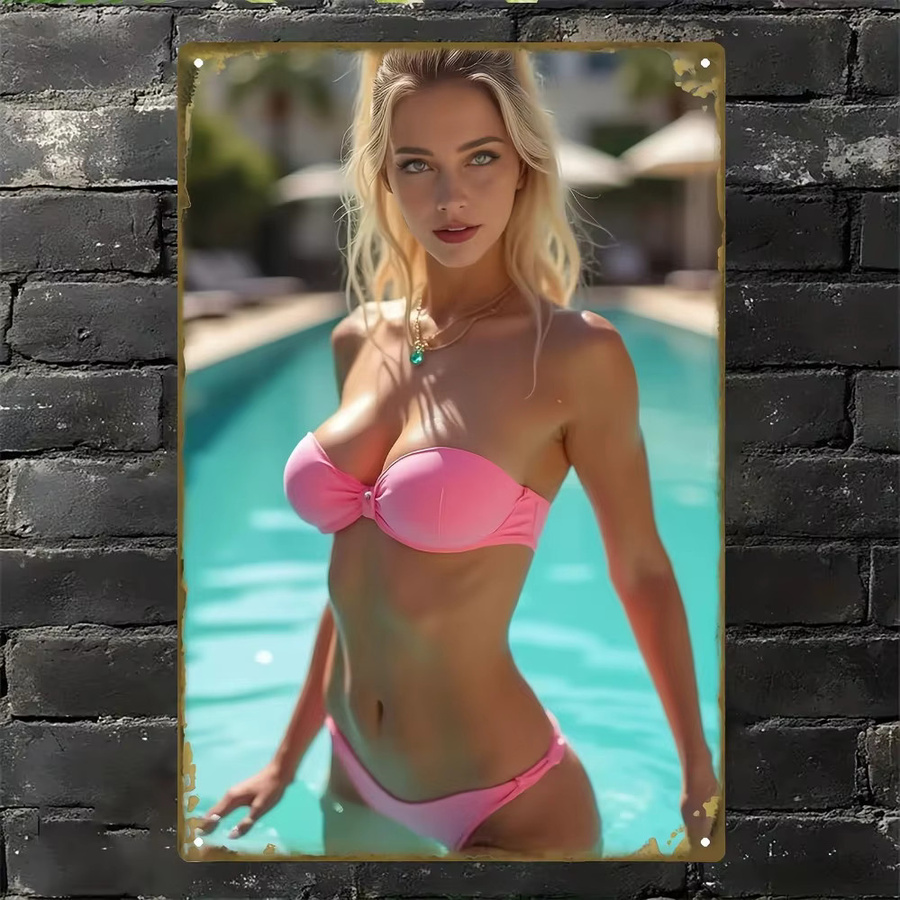 HELLOYOUNG Vintage Metallwandkunst Elegante Blondine im Rosa Bikini am Pool B/H: 20,32 x 30,48 cm - Bild 4