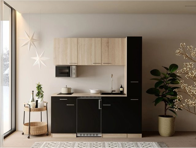 Respekta Ingrid Singleküche modern in Schwarz mit Mikrowelle und Apothekerschrank, Breite: 180 cm, Tiefe: 60 cm, Höhe: 200 cm - Bild 1