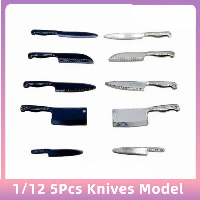 DIAPER&CORED Messer Modell, 5-teiliges Set, 1/12 Mini Puppenhaus Küche Kochen Utensilien Zubehör, Metall - Bild 1