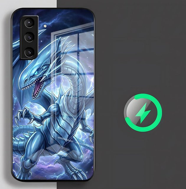 Yu-Gi-Oh Blue Eyes White Dragon Handyhülle für Samsung Galaxy S26 S25 S24 S23 S22 S21 S20 Edge Ultra Plus FE mit MagSafe Glashülle in Weiß, Schwarz und Blau - Bild 1