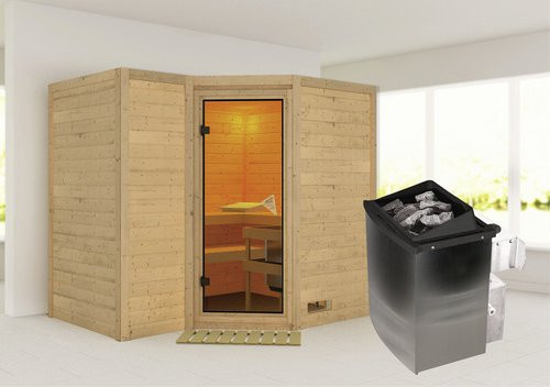 Karibu Sauna Riga 2 aus Fichtenholz in Beige inklusive 9 kW Saunaofen mit integrierter Steuerung für 4 Personen, B/T/H: 236 x 184 x 209 cm - Bild 1