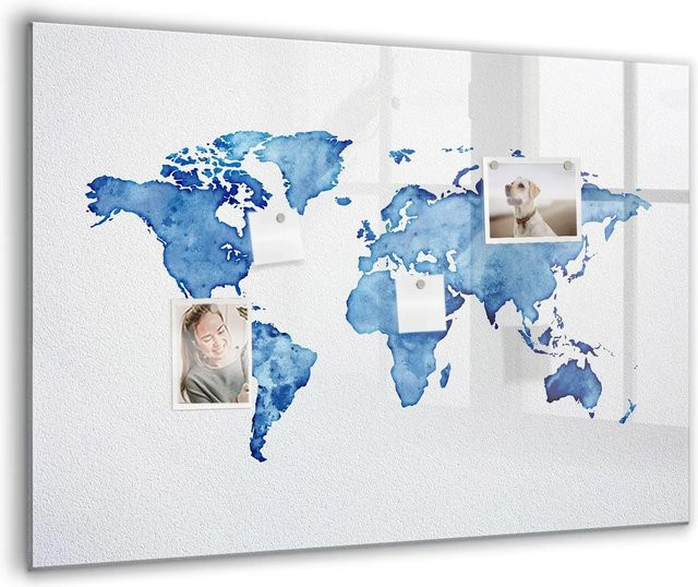 Tulup Magnettafel aus Glas mit Aquarell Weltkarte in Whiteboard-Optik, B/H: 100 x 70 cm, Farben: Weiß und Blau - Bild 1