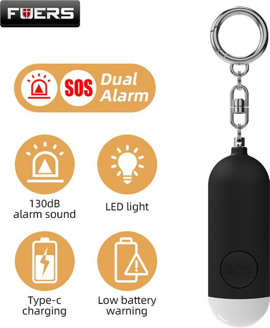 FUERS Selbstverteidigungsalarm mit 130 dB und LED-Licht, wiederaufladbarer SOS-Notfallalarm als Schlüsselanhänger für Damen und Kinder, Farbe: Grün - Bild 1