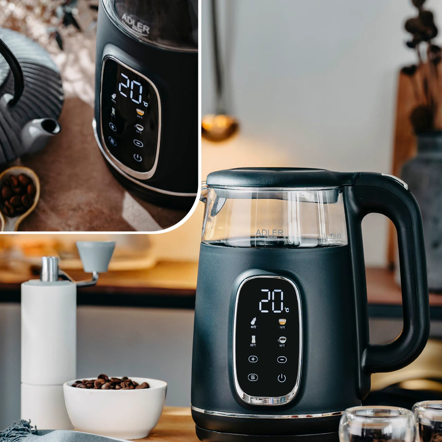 Adler Wasserkocher aus Glas in Schwarz mit 1,7 l Volumen, 220 W Leistung, Touch-Display und Temperaturwartungsfunktion - Bild 4