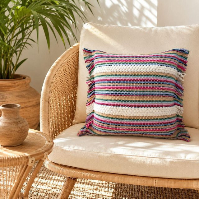 JMG Clothing Boho Kissenbezug mit Streifen und Fransen, Mehrfarbig, B/T/H: 45 x 45 x 45 cm - Bild 1