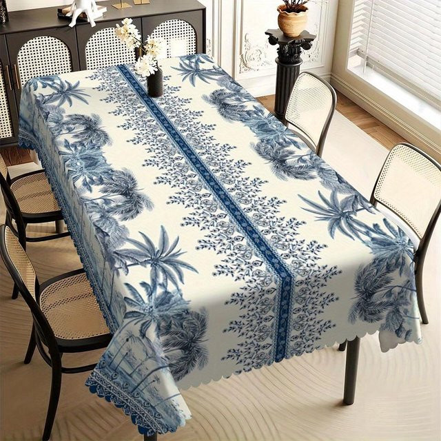 JMG Household Supplies Tischdecke mit tropischem blauem Palmenmuster im Chinoiserie-Stil, quadratisch, fleckenresistent, B/B: 140 x 140 cm - Bild 1