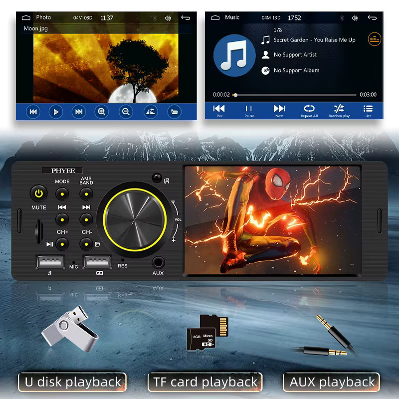 PHYEE F7805WR 1Din 4 Zoll Autoradio mit Wireless CarPlay und Android Auto, Bluetooth Freisprecheinrichtung, RDS FM/AM, USB, TF, AUX sowie Rückfahrkamera, Schwarz - Bild 3