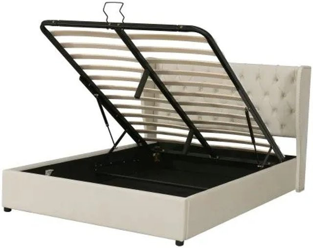 KOMHTOM Doppelbett mit hydraulischem Stauraum und Lattenrost in Beige, gepolstertes Samtbett im Chesterfield-Stil mit Rautensteppung, B/T/H: 160 x 200 cm - Bild 1