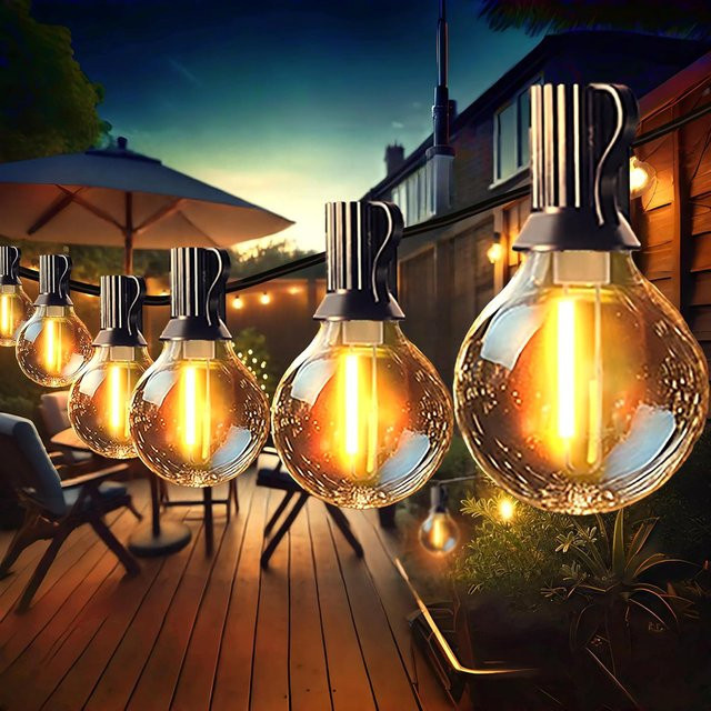 Wasserdichte G40 LED-Lichterkette für Außenbereich mit warmweißen Glaskugeln, anschließbar, Schwarz - Bild 1