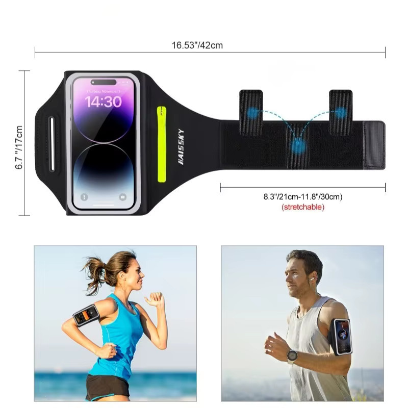 Haissky Lauf-Sportarmband mit Reißverschlusstasche und Touchscreen-Funktion für iPhone 17 16 15 14 13 Pro Max Air Plus, Farben: Grau und Schwarz - Bild 4