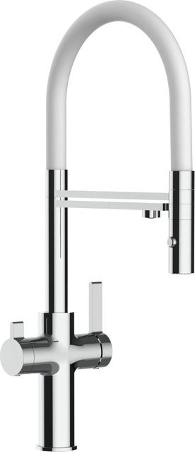 VIZIO Küchenarmatur mit 4-Wege-Wasserhahn, 360° schwenkbarem Auslauf, abnehmbarer 2-Strahl-Handbrause und Filterfunktion, Verchromt, Weiß - Bild 1