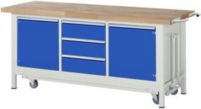 Rau Werkbank Serie 8569 mit absenkbarem Fahrgestell, 3 Schubladen und 2 Fachböden mit Tür, Grau/Blau, B: 200 cm, T: 70 cm, H: 88 cm - Bild 1