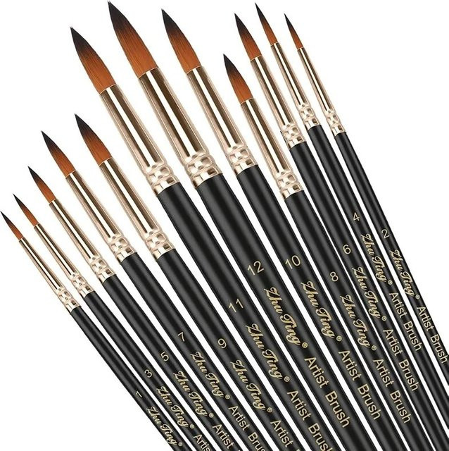12er Set Professionelle Künstlerpinsel mit runder Spitze aus schwarzem Nylon für Aquarell, Acryl und Ölfarben - Bild 1