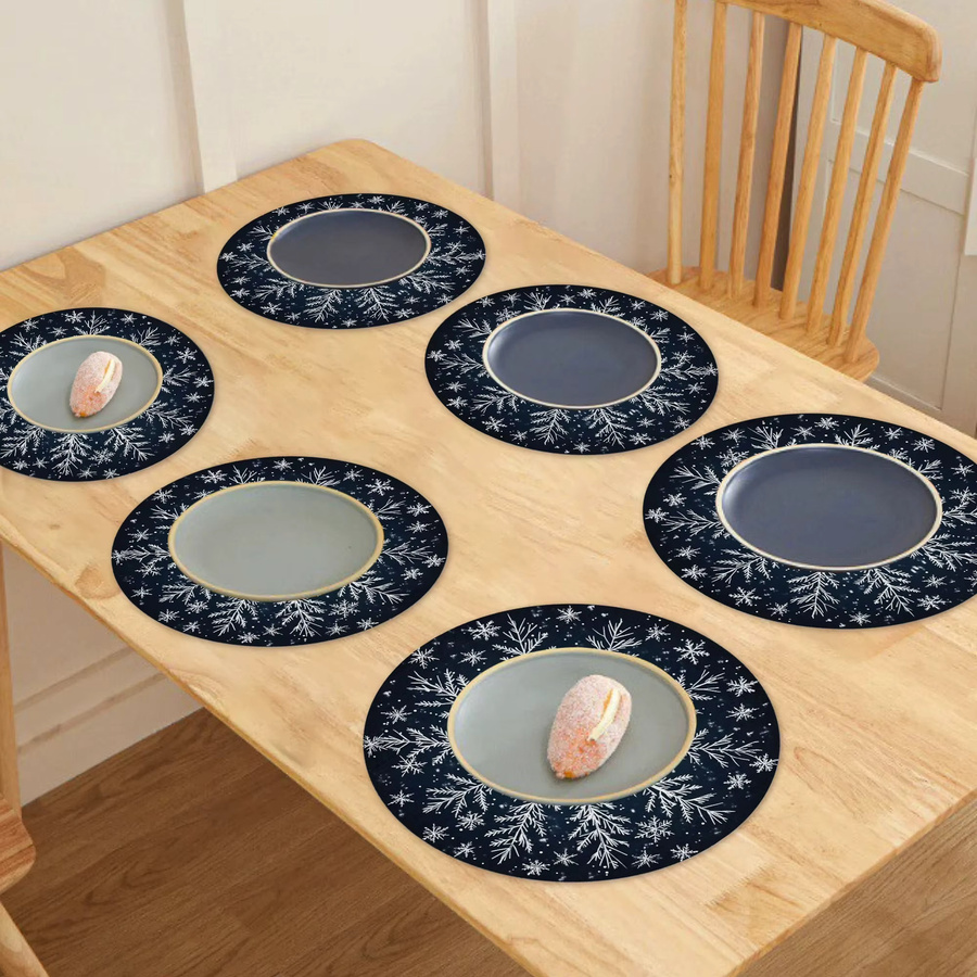 VIKAMA 6-teiliges Set Weihnachts-Tischsets aus Leinen mit Schneeflocken-Design, Blau, Rund, Durchmesser: 38 cm - Bild 3