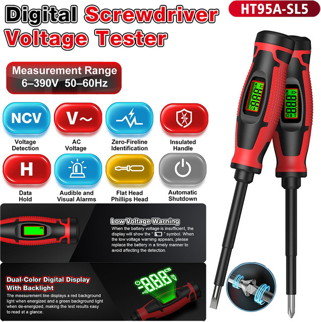 HABOTEST Digitaler Schraubendreher-Spannungsprüfer HT95A-SL5 in Rot, 6–390 V mit NCV-Test und isoliertem Griff - Bild 1