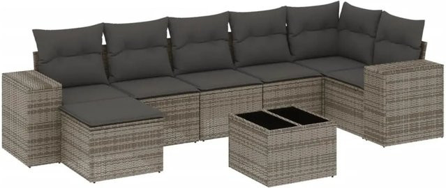 vidaXL 8-tlg. Garten-Sofagarnitur aus Polyrattan in Grau mit Kissen und Couchtisch - Bild 1