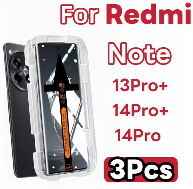 3-teiliges Displayschutz-Set aus gehärtetem Glas für Xiaomi Redmi Note 14 13 Pro Plus, transparent, kratzfest, inklusive Installations-Kit - Bild 1