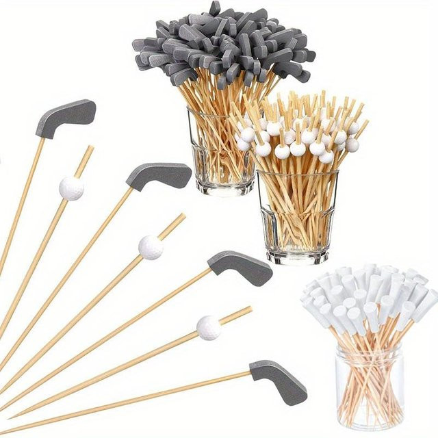 SZ-Damai Golf Cocktail Dekoration-Set aus Bambus mit Schläger-Zahnstochern, 300 Stück, beige - Bild 1